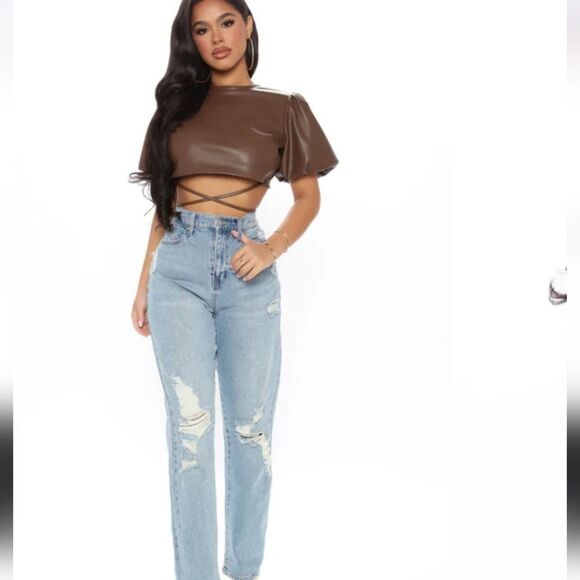 Kirious NWT Come Across It Faux Leather Crop Top, Puff Sleeves, Brown, M - Picture 6 of 11
